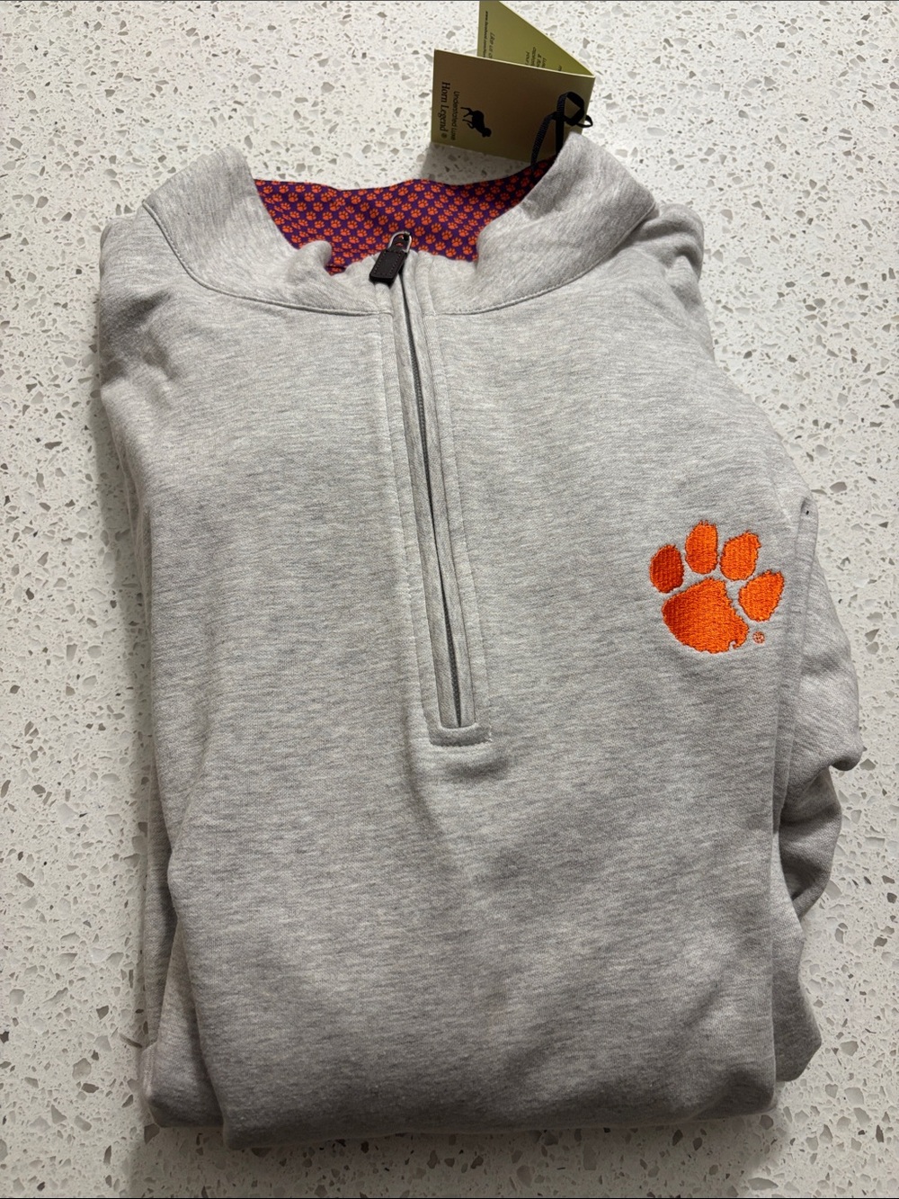 Clemson Men's Light Gray Quarter-Zip Sweater with Orange Paw Accent
